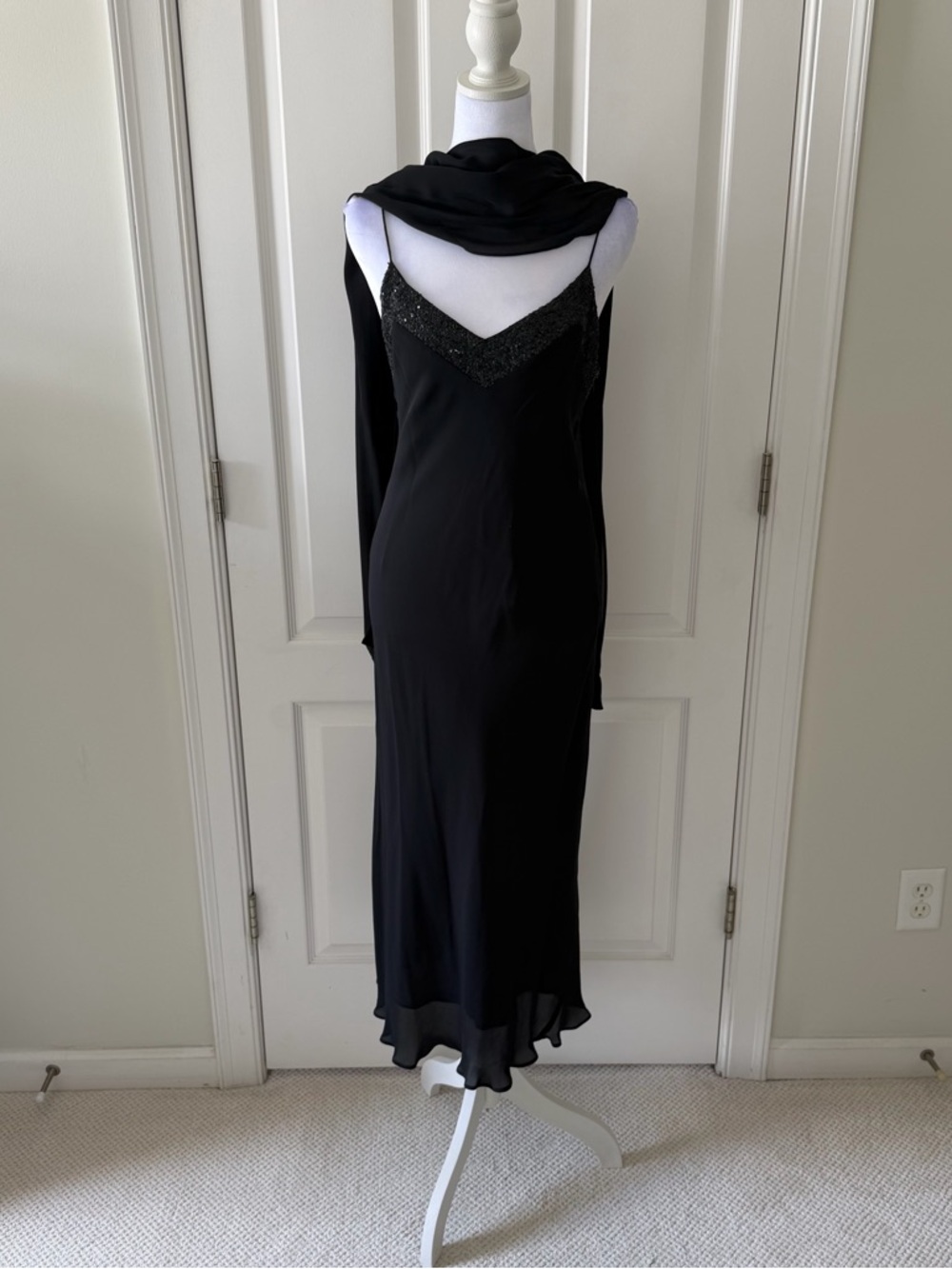 Anne Klein Black Silk Slip Dress with Thin Straps and Scarf